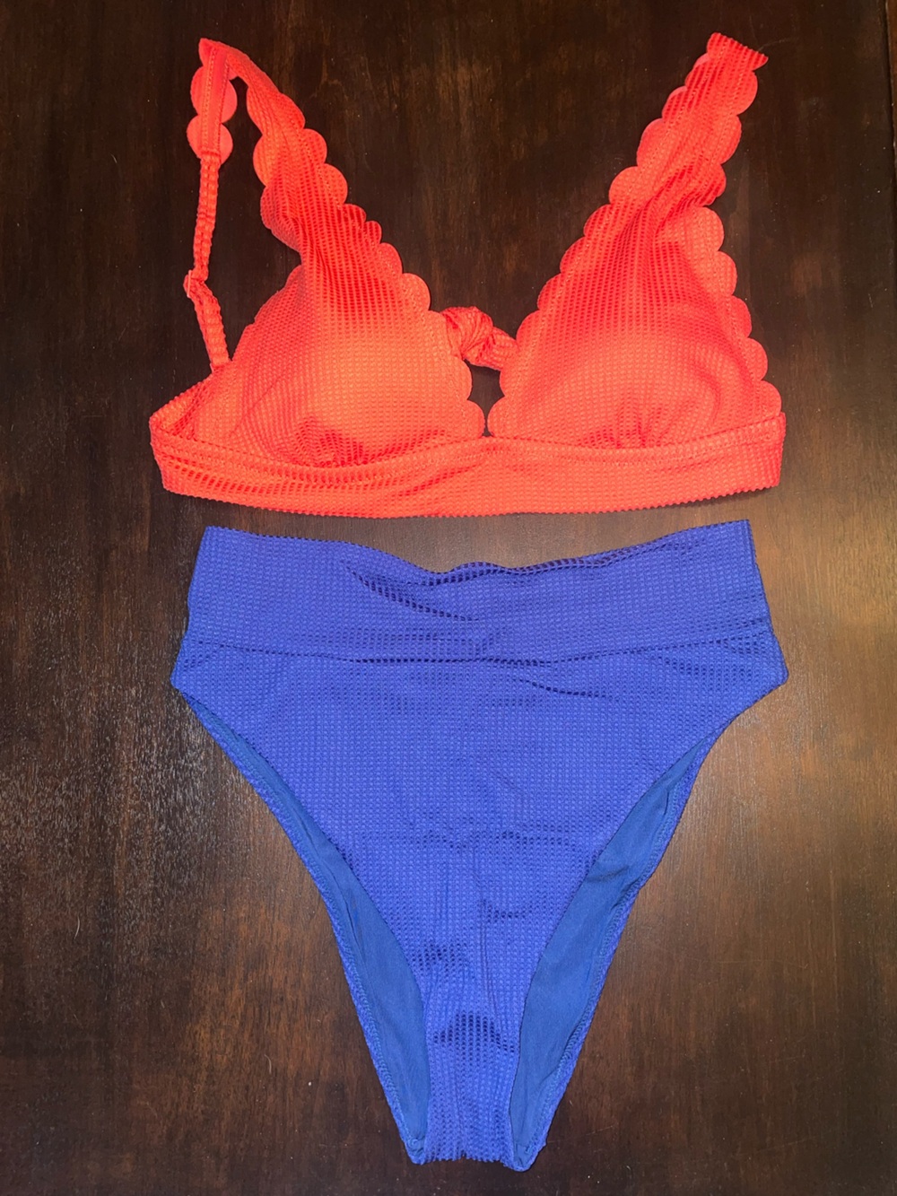 aerie Two Piece With Coral Ruffled Top and Cobalt Blue Textured Bottoms